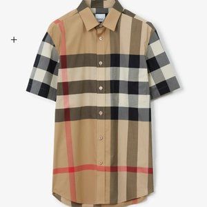 Short-sleeve Check Stretch Cotton Poplin Shirt
